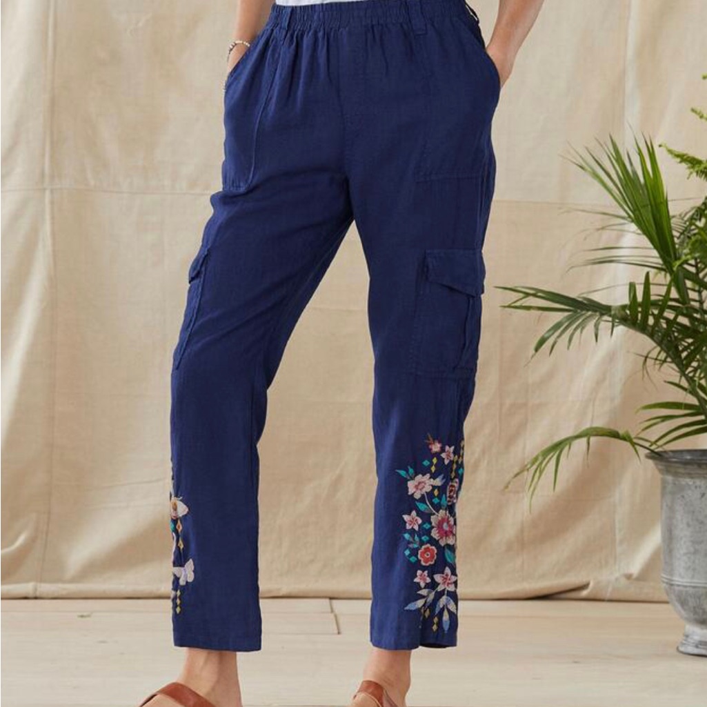 Johnny Was “Mariposa Linen Cargo Pants” Navy Blue Embroidered Linen Pant